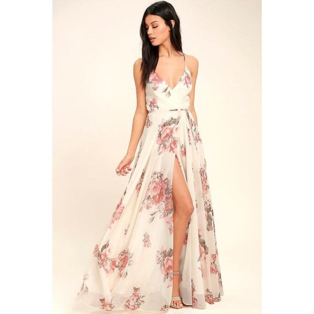 Lulus Elegantly Inclined Cream Floral Print Wrap Maxi Dress White - Size Medium
